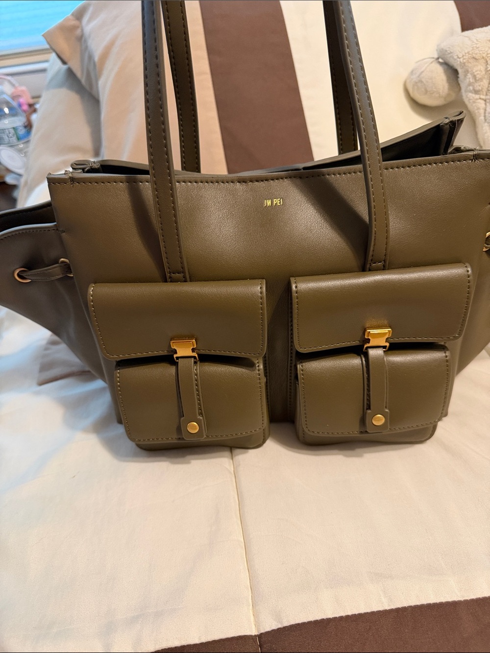 JW PEI Olive Linda Tote with Dual Front Pockets and Gold Hardware